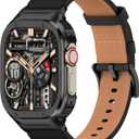 SUPLINK Leather Band with Stainless Steel Case for Apple Watch Ultra 3/2/1 & SE 3/2/1 & Series 11 10 9 8 7 6 5 4 3 2 1 49mm 46mm 45mm 44mm 42mm 41mm 40mm 38mm,Rugged Bumper for Men (Black)