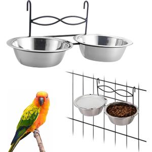 kathson Hanging Bird Bowls for Cage, 2 PCS Stainless Steel Metal Pet Food Water Dishes with Holder Feeder Cage Coop Hook Feeder Cups for Birds, Parrots, Small Sized Dogs and Cats (4.3 Inch Dia)