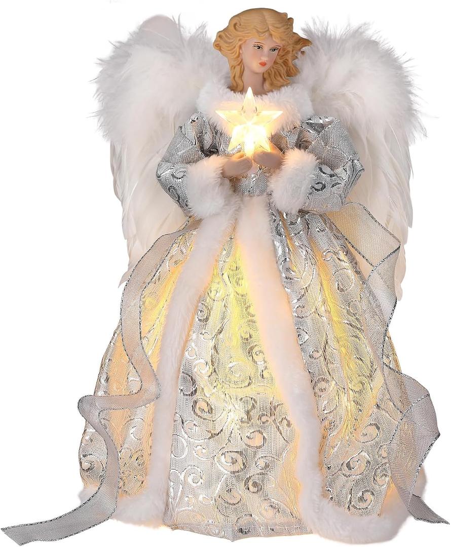 WIOR 12Inch Angel Christmas Tree Topper with White Feather Wings, Led Lighted Xmas Tree Topper Angel Figurine Ornament Christmas Tree Decorations for Home Holiday Party Wedding Christmas Decor, Silver
