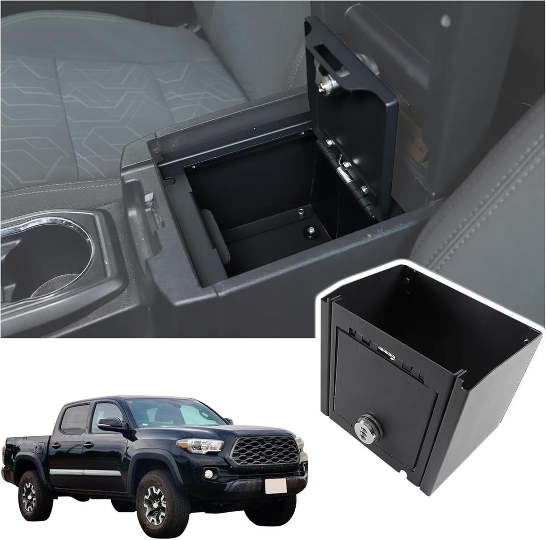 Center Console Storage Safe Box Compatible with Toyot@ Tacoma 2016-2022Central Control Armrest Safe Gun Storage BoxWith 3-position combination lock and key Accessories (Black A)