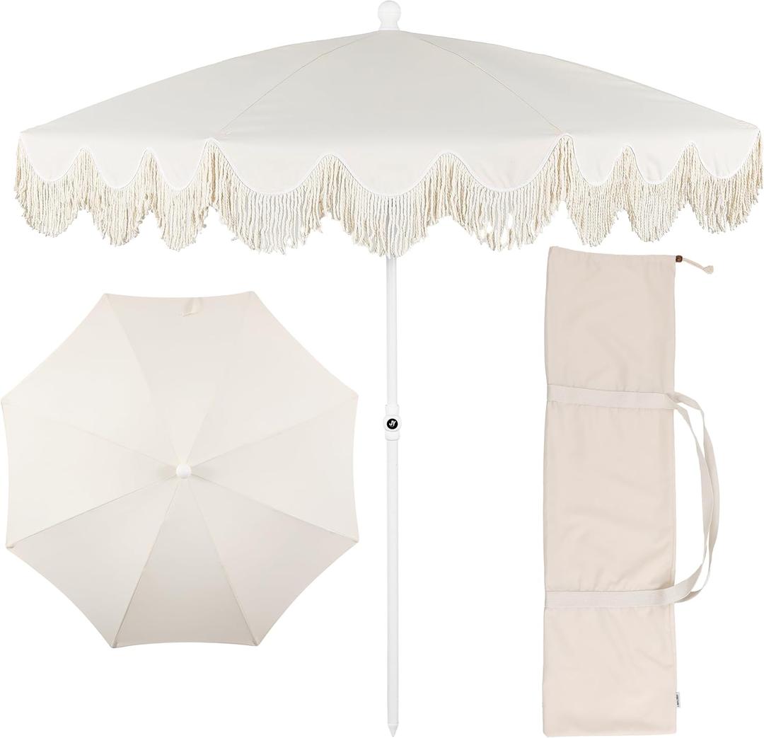 JONATHAN Y Mariner 6.5 ft. Solid Fringe Beach Umbrella, Cream, 78 inches diameter, 84 inches height