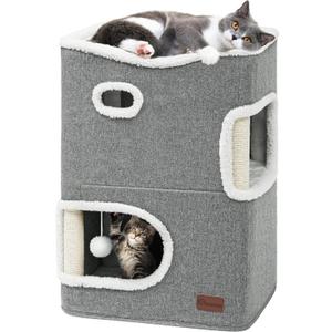 YITAHOME 2 Storey Cat House, Cat Beds for Indoor Cats, Small Cat Condo with Scratch Post and Hideaway Cave, Modern Cat Cube Playhouse for Multi Kittens, Classic Style, Grey