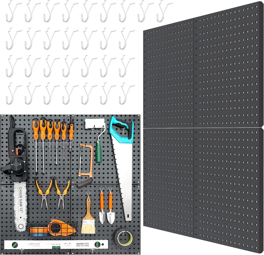 HUHOLE Black Metal Pegboard Wall Organizer 32" x 32" (4 Pack), Heavy Duty Steel Peg Board Panels for Garage, Gaming Setup & Craft Room, Easy Install, Includes 30 Hooks & Mounting Hardware