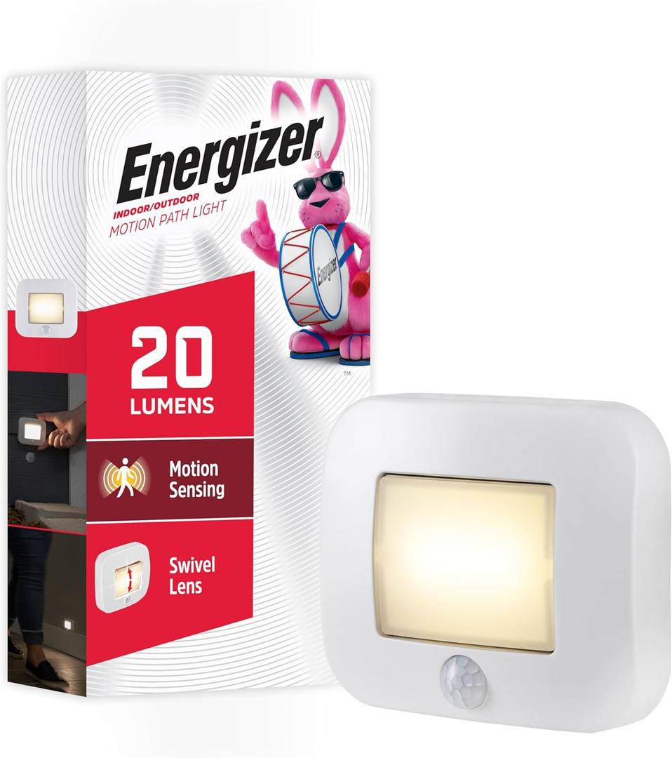 Energizer Motion-Activated LED Path Light, Wireless, 20 Lumens, Battery Powered, White, Ideal for Hallway, Entryway, Stairs, Pathway, Night Light, 38183