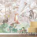 Butterfly Fox Forest Animal Peel and Stick Mural with Pink Background, 86" x 59"