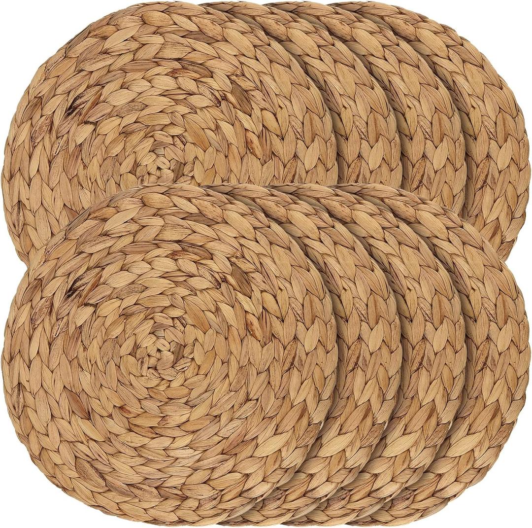 JEUIHAU Set of 8 Water Hyacinth Braided Placemat, 13 Inch Round Placemats Rattan Placemats, Natural Wicker Seagrass Rattan Placemats for Dining Table, Decoration