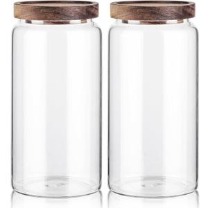 Labina Glass Storage Container Airtight Food Jars Kitchen Canister with Wood Lids, 40 Oz Wide Mouth Pantry Organization Glass Jar for Flour, Sugar, Cookie, Spagetti, Nuts and Candy (2 Pack)