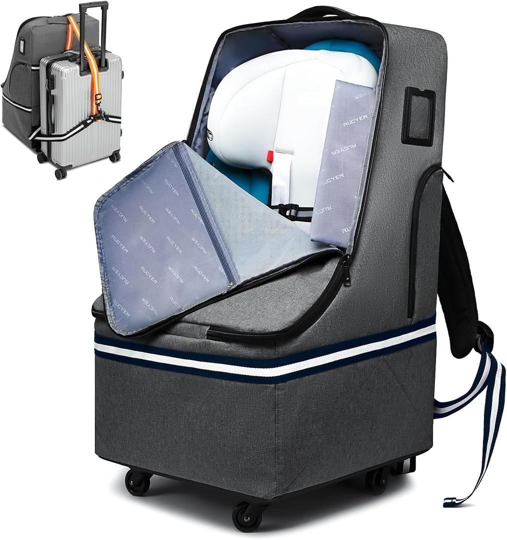 RUCYEN Rolling Car Seat Travel Bag, Padded Carseat Travel Backpack for Airplane,Large Durable Travel Bag with 4 Wheels,Adjustable Shoulder Strap and Waterproof Base Dark Grey