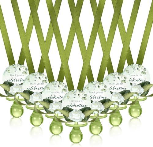 Coume 36 Pcs Sage Green Baby Shower Favors Acrylic Pacifier Necklace Thank You Gift Bulk with Cards for Guests Prizes Baby Shower Games Favors