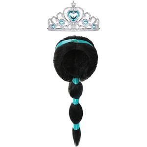 Arabian Princess Wig for Girls Black Braid with Tiara Princess Dress Up Costume Cosplay Halloween Accessories for Kids