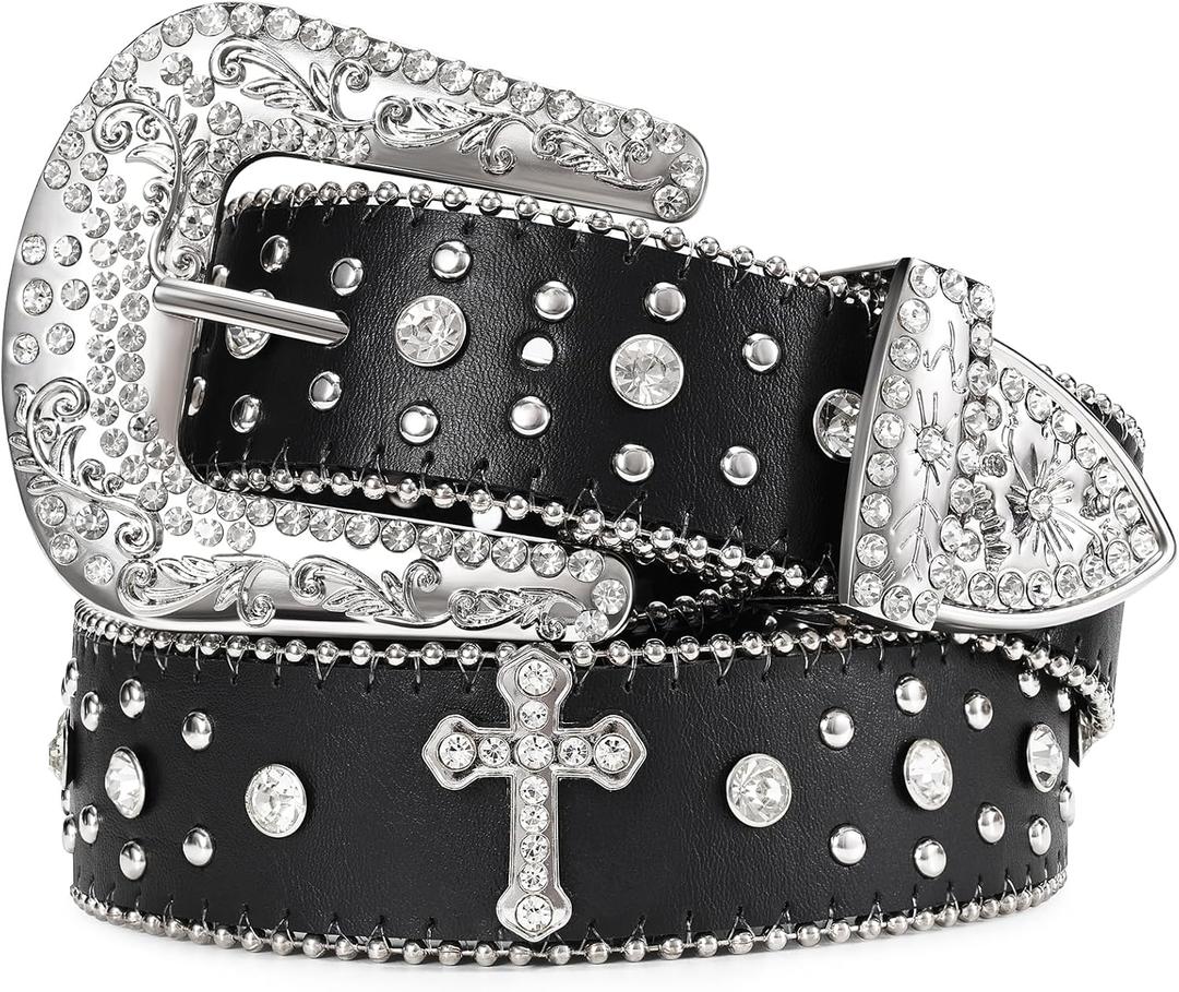 JASGOOD Rhinestone Studded Belt for Men Women, Western Leather Belt for Cowgirl Cowboy Vintage Bling Belt for Pants Dress (Suit for Waist Size 27"-33")