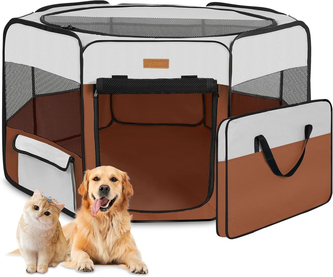 Dog Playpen, Portable Pet Play Pen for Cat, Puppies, Rabbits, Chickens, Foldable Large-Capacity Pet Tent for Indoor/Outdoor Travel Camping Brown (Medium)