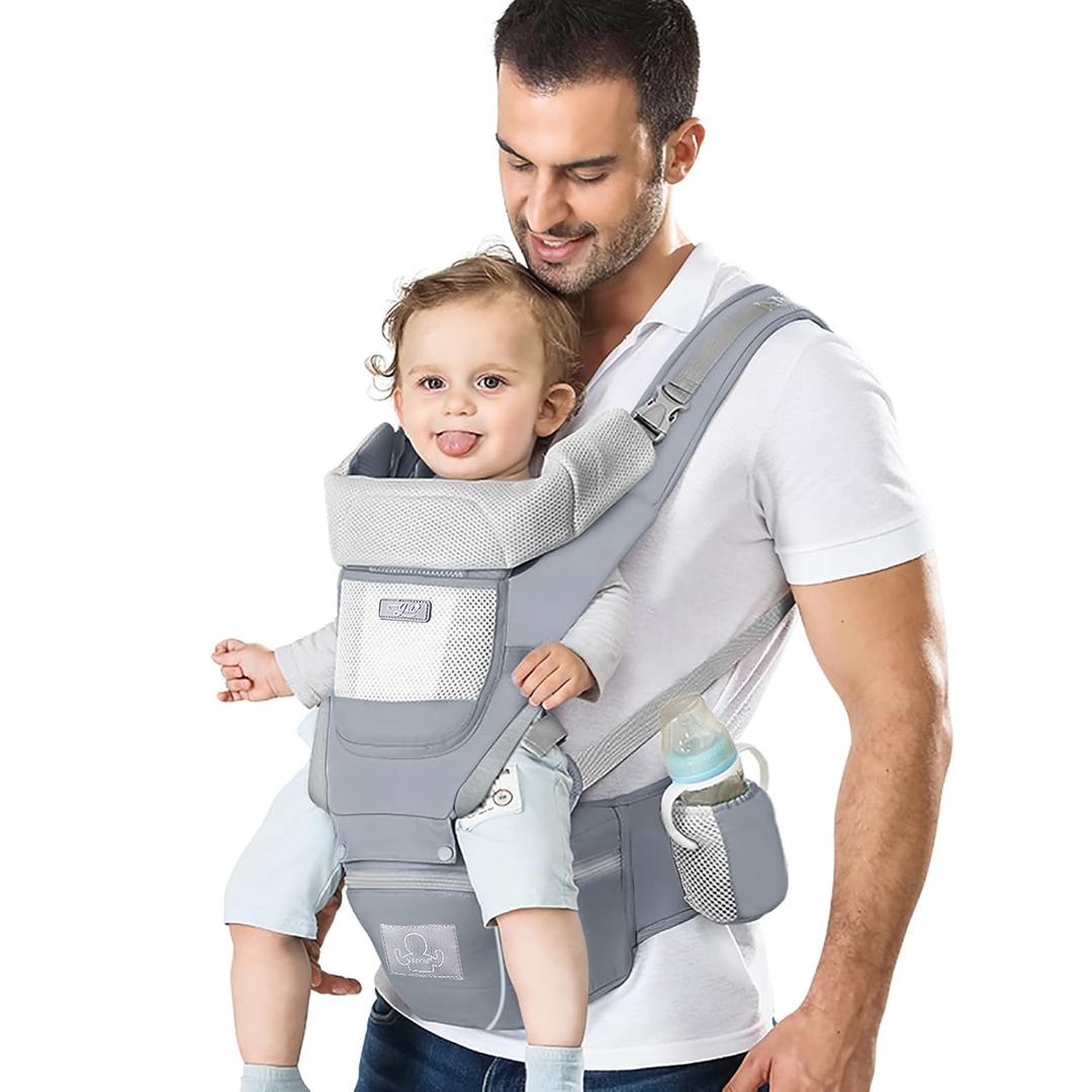Baby Carrier Ergonomic Infant Carrier with Hip Seat Kangaroo Bag Soft Baby Carrier Newborn to Toddler 7-45lbs Front and Back Baby Holder Carrier for Men Dad Mom (Grey)