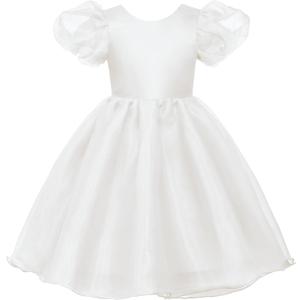 Uhnice Flower Girl Tulle Dress Toddler Puff Sleeve V-Back Dresses for Wedding Party (White, Small)
