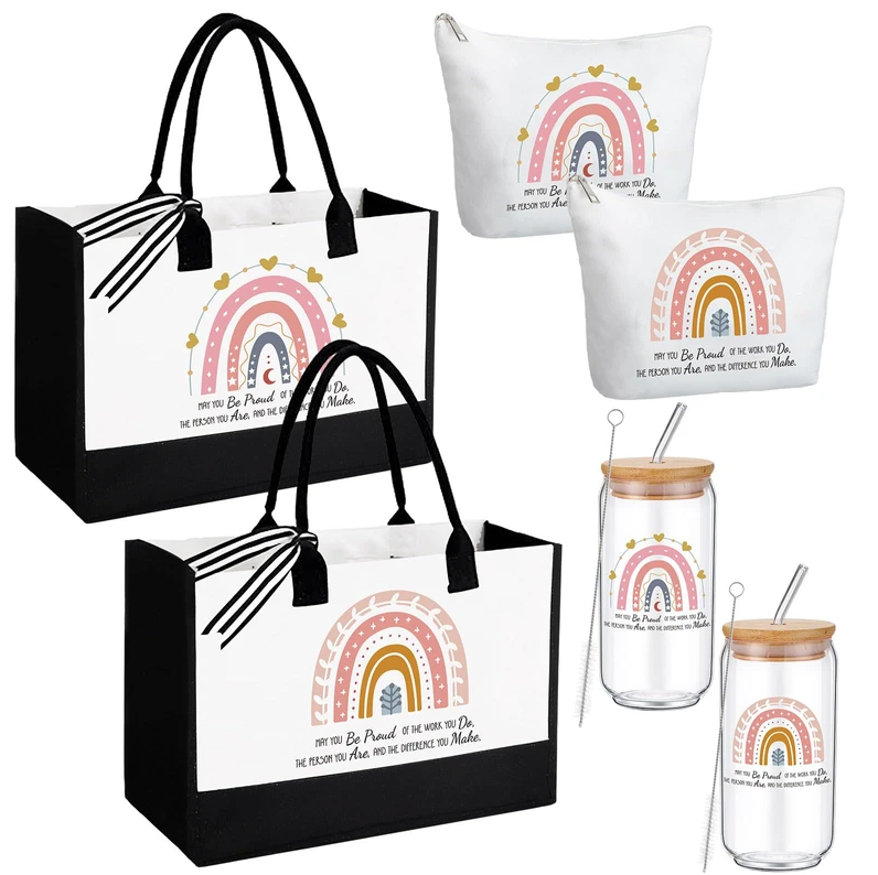 Hushee 4 Pcs Christmas Teacher Appreciation Gift for Women Include 2 Set Teacher Tote Bag Tumbler and Makeup Bag(Stylish)