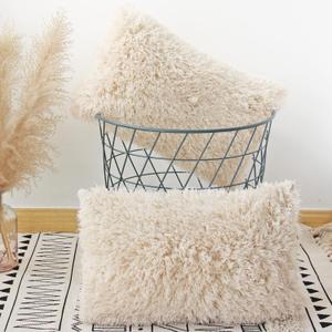JOJUSIS Fluffy Decorative Throw Pillows Covers 12 x 20 Inch Luxury Soft Faux Fur Fleece Cushion Cover Pillowcase Pack of 2 Beige