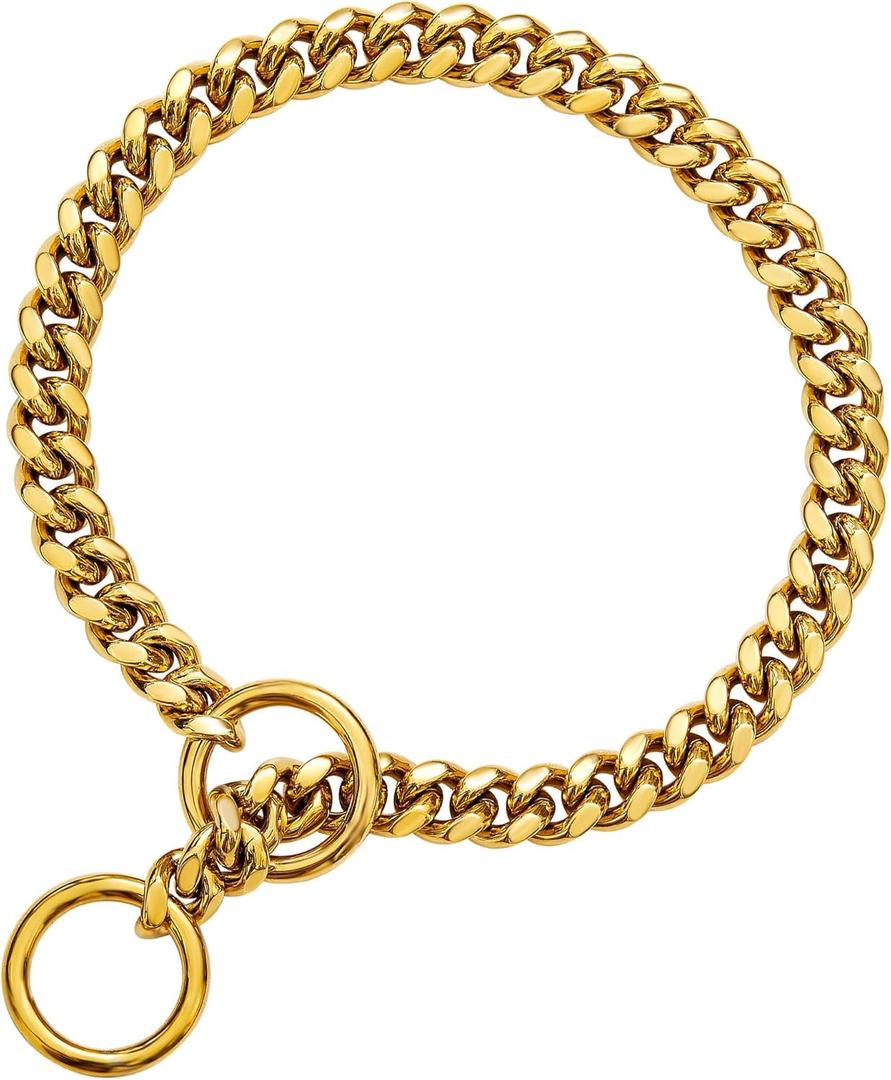 txprodogchains 18K Gold Chain Dog Collar 10MM Cuban Link Chain Stainless Steel Metal Links Walking Training Collar for Small Medium Large Dogs 10in to 28in (18" (Neck Fits 14"-16"))