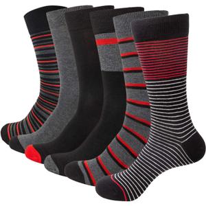 Men's Red Striped Dress Socks Gift Boxed 6 Pack Novelty Soft Shoe, Size 6-12.5