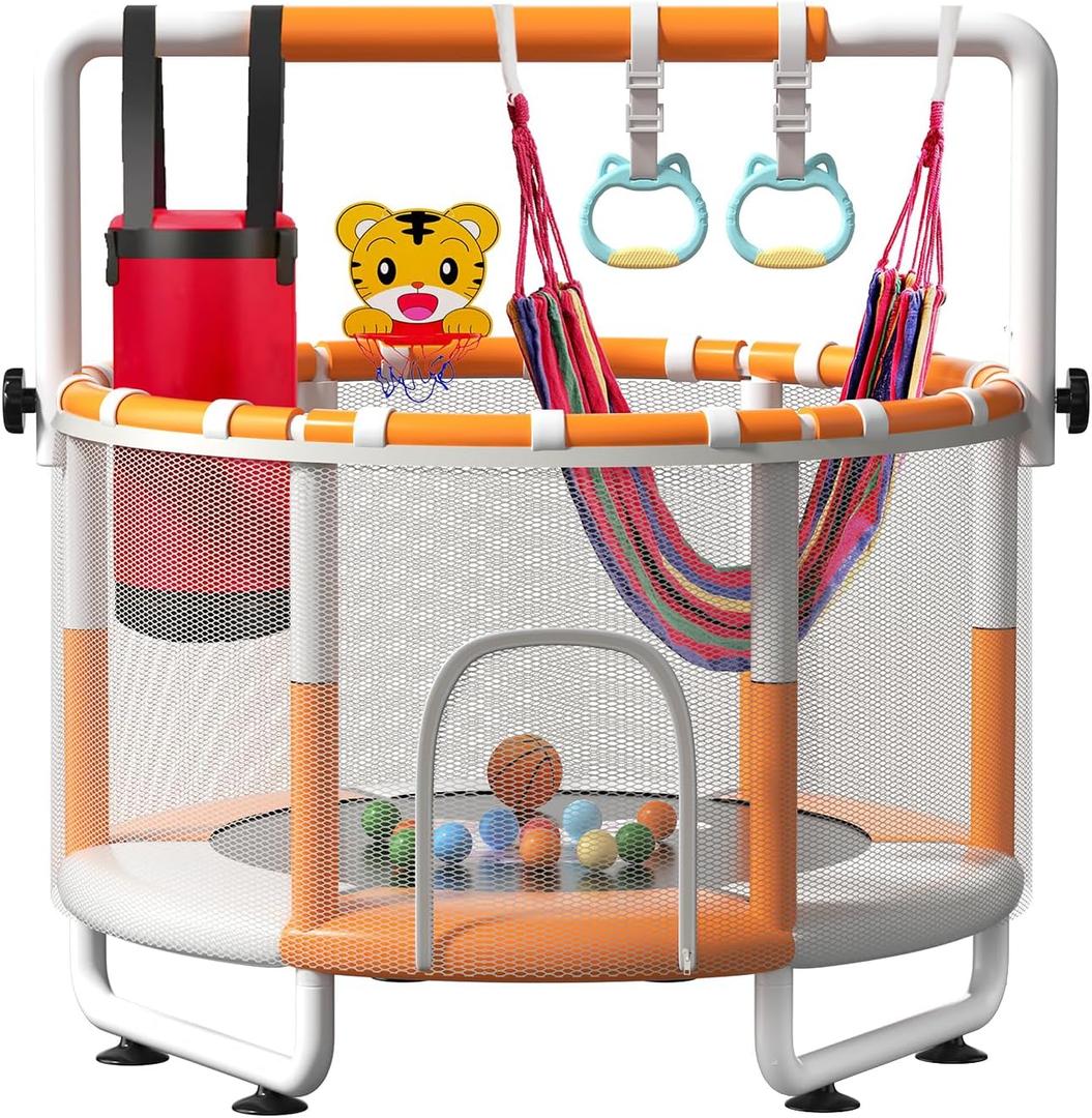 55" Kids Indoor Trampoline with Safety Net, Adjustable Gymnastics Bar & Toys  Indoor/Outdoor Toddler Play Gym for Boys & Girls Ages 3+, Birthday Gifts (White (Powder-Coated))