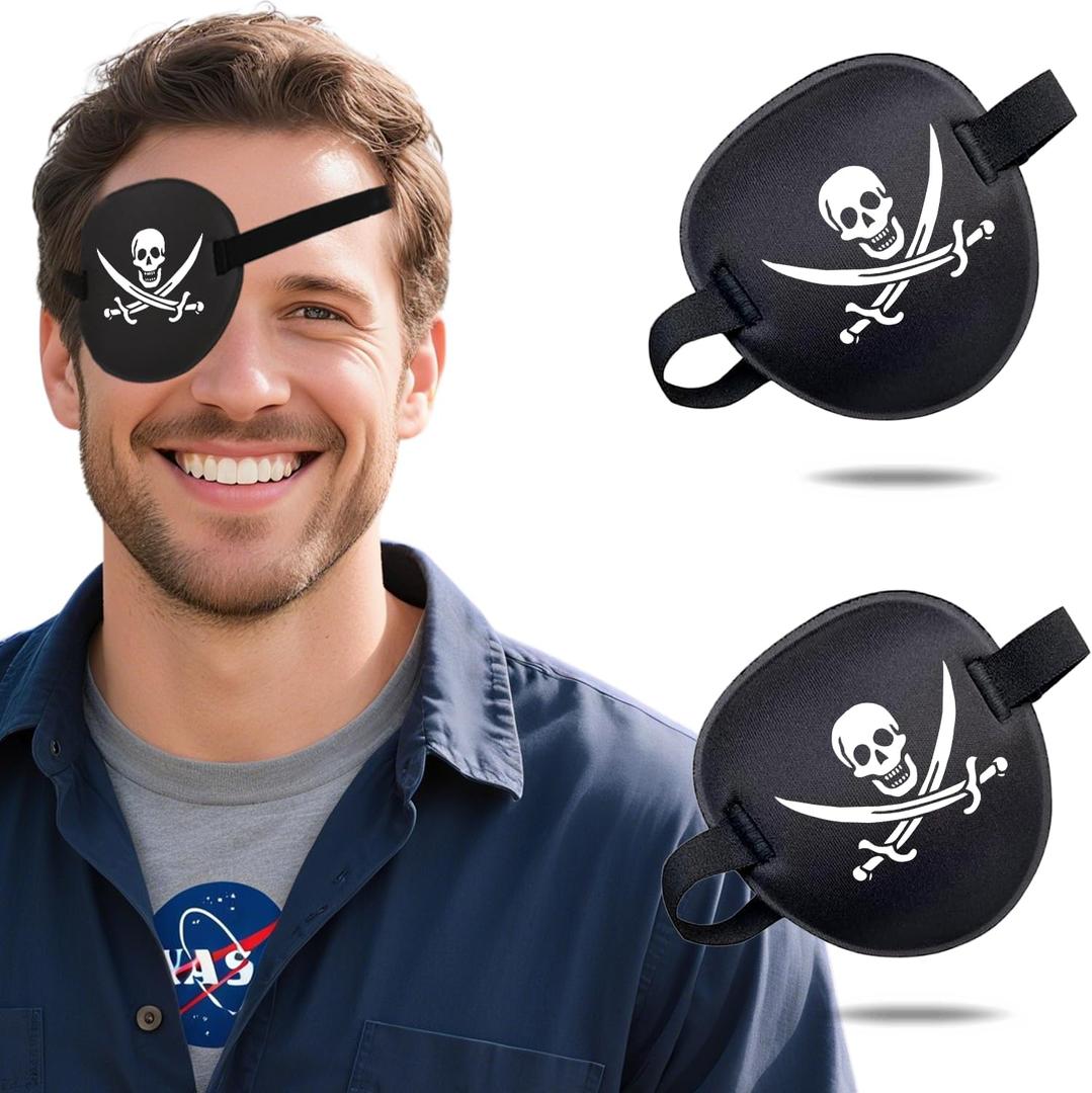 Pirate Eye Patch for Adults, 2 Pack Adjustable 3D Skull & Crossbones Eyepatch for Halloween Costume, Lazy Eye Amblyopia Treatment Left/Right Eye Cover