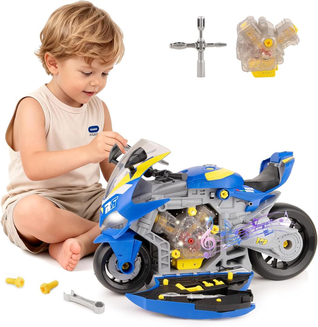 Take Apart Motorcycle Toy for Kids 3-5, Mechanic Toy DIY Repair Set with LED Lights, Real Engine Sounds & Spraying Exhaust - STEM Building Toys Engine Build Kit Birthday Gift for 3 4 5 6+ Year Old Boy