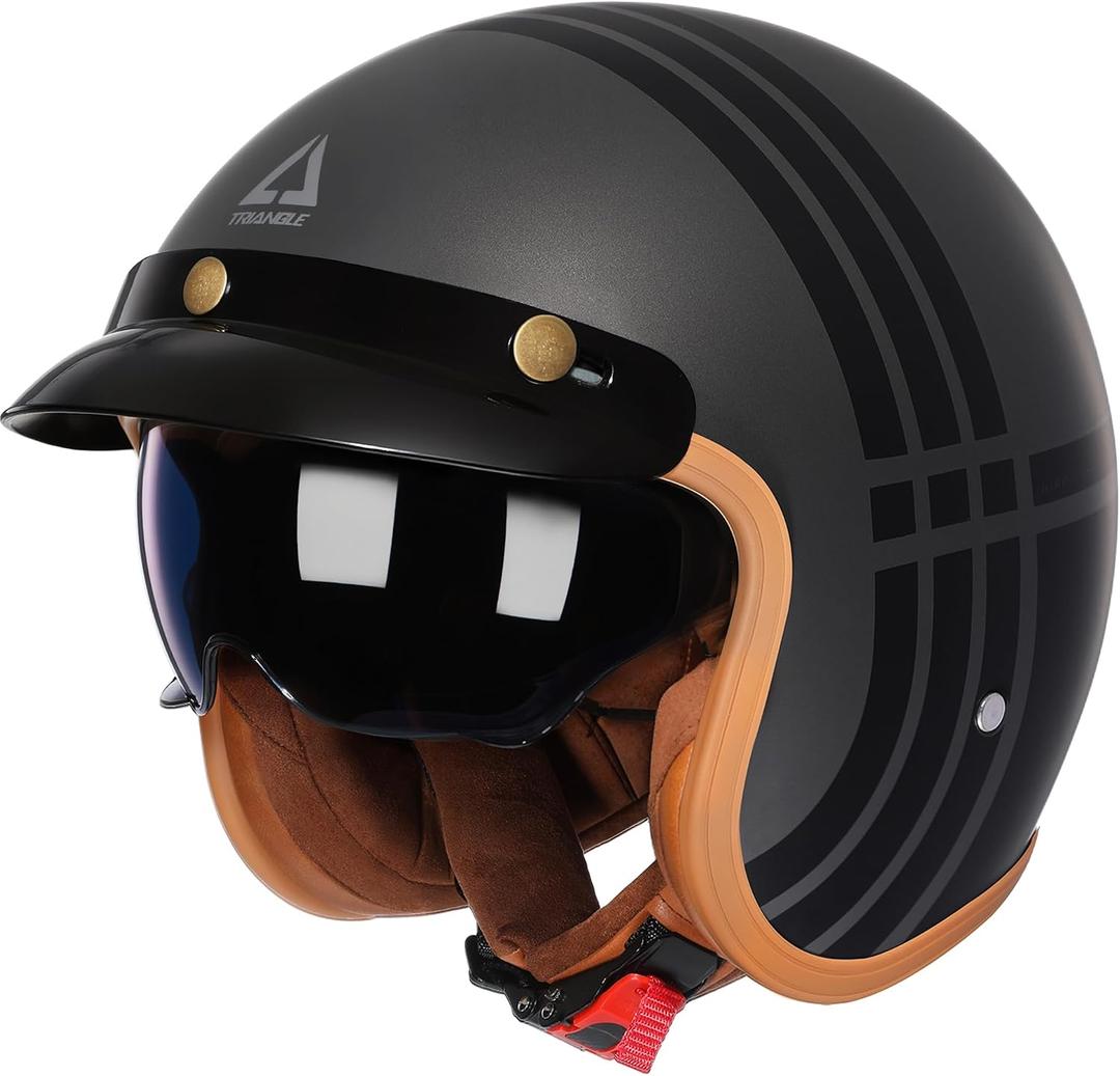 TRIANGLE 3/ 4 Motorcycle Helmet, Retro Vespa Open Face Adults Helmets with Visor, Half Face Moped Helmet for Men & Women, DOT Approved Helmets for ATV Cruiser Scooter(L)