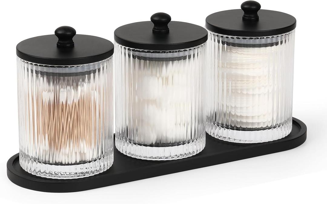 eggs sound 3 Pack Qtip Holder - Bathroom Organizers and Storage, Cotton Round Holder Floss Pick Cotton Ball Swab Holder with Tray, Glass Apothecary Jars with Lids Container Set -sw clear b