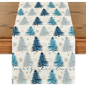 Artoid Mode Xmas Trees Snowflake Christmas Table Runner, Seasonal Winter Blue Kitchen Dining Table Decoration for Home Party Decor 13x72 Inch