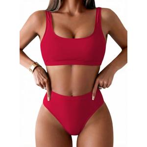 Pink Queen Women's Crop Top High Waisted Cheeky Bikini Set Two Piece Swimsuits (Large, Red)