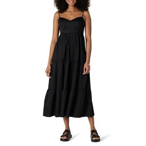 Amazon Essentials Women's Fit and Flare Empire Waisted Cotton Sateen Tiered Maxi Dress, Black, Medium