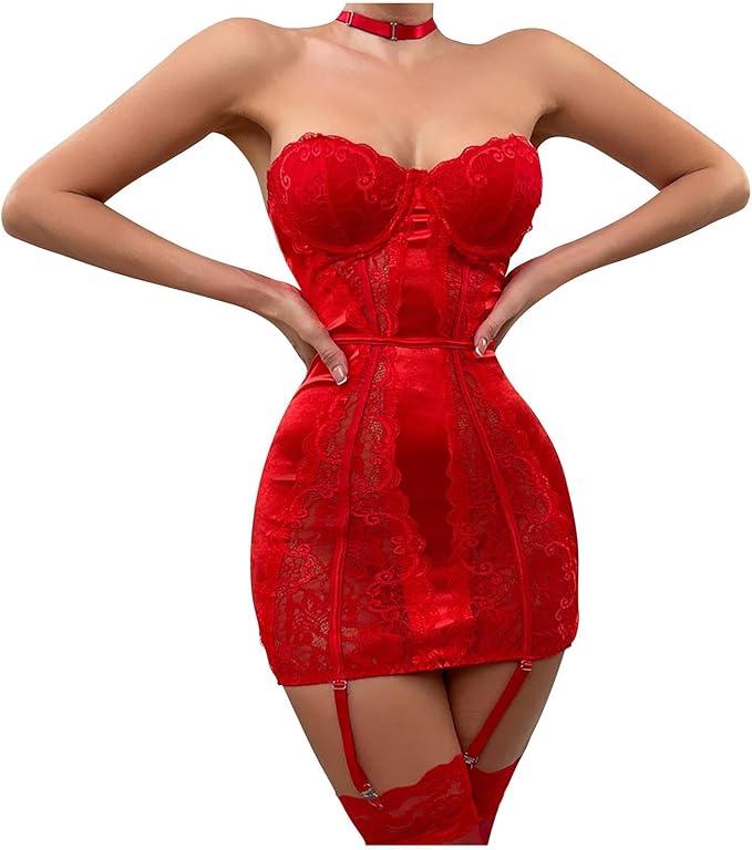 Women's Lace Babydoll Lingerie Dress Sexy Mesh Chemise Nightgown Tube Top Bodycon Wrap Mini Skirt. Size M