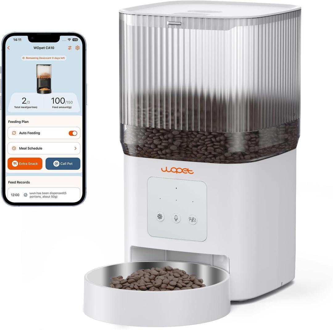 WOPET Automatic Cat Feeder, 5G WiFi Smart Pet Feeder for Dogs and Cats with APP Control, Low Food Sensor, 10s Voice Recorder, Up to 10 Meals Daily, Dual Power Supply, Timed Dog Food Dispenser (White)