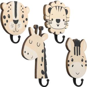 Qunclay 4 Pcs Safari Animal Wall Hooks for Kids, Wooden Jungle Baby Safari Nursery Decor Hooks, Cute Lion Zebra Giraffe Hanger for Childs Nursery Bathroom Bedroom Home Decor