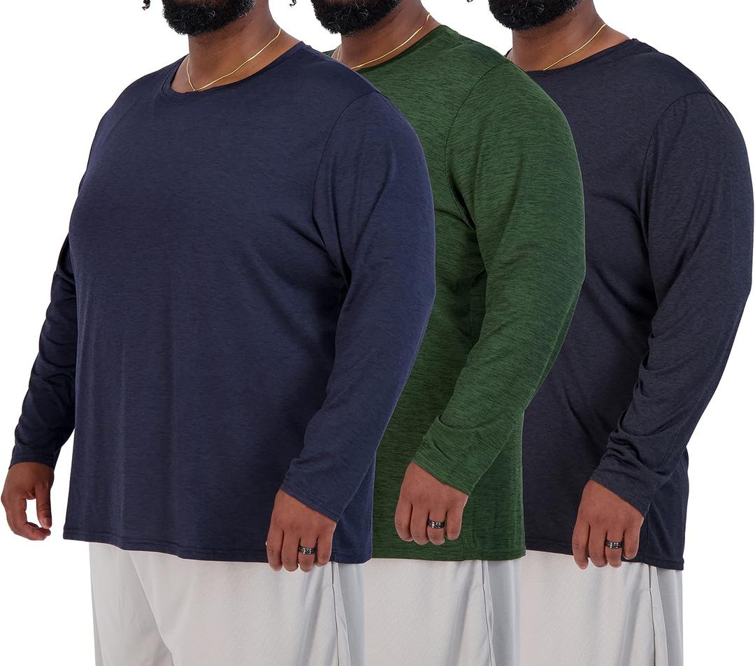 Real Essentials 3 Pack: Men’s Big & Tall Long Sleeve Dry-Fit Crew Neck T-Shirt - Gym Workout Athletic Running Tee (Green, XXXL)