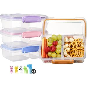 4 Pack Plastic Snack Containers with Lids, 2 Compartment Food Container for Kids Snack Box, Travel Bento Lunch Containers with forks for Fruits/Candies, Divided Food Storage Containers for School (Pink)
