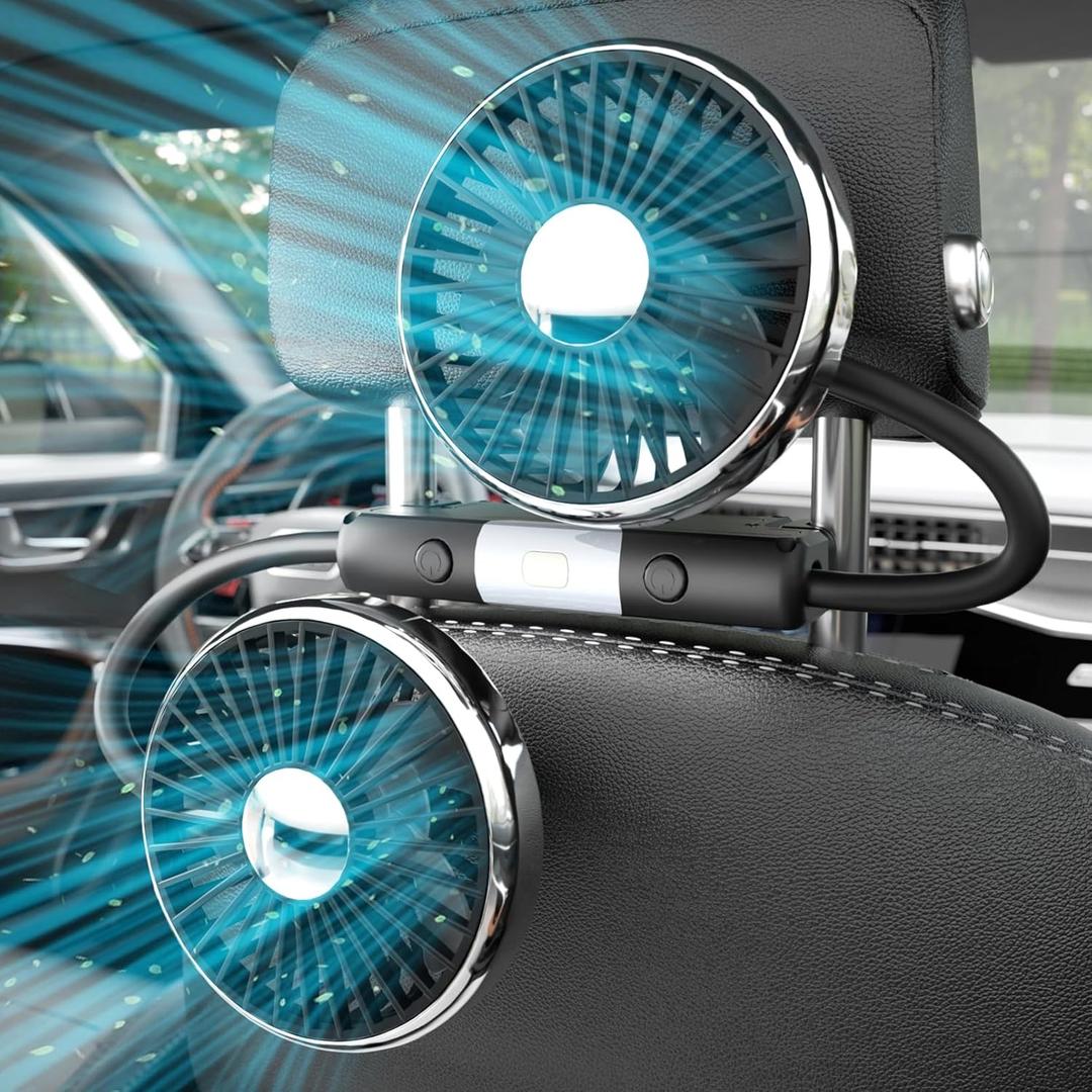 Dual-Head USB Car Fan for Backseat, 360 Rotatable Quiet Cooling with LED Light, 3 Speeds USB-Powered Headrest Accessory for Kids & Passengers