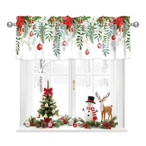 AYTTBIS Christmas Green Leaves Curtain Valance for Windows Poinsettia Flower Balls Rod Pocket Window Treatments 1 Panel Short Curtains for Kitchen Windows Bathroom Bedroom,54 x 18 Inch