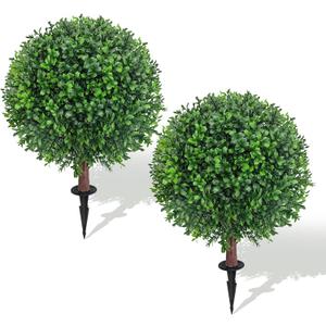 25" Artificial Boxwood Topiary Ball Tree with Ground Plugs [Set of 2] UV Protected Artificial Shrubs, Fake Evergreen Artificial Plants for Indoor and Outdoor Porch Garden