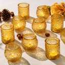 24-Piece Amber Glass Votive Candle Holders Set  Tealight Candle Holder Glass Bulk with 12 Round & 12 Hammered Textured Cups, Amber Votive Candle Holders for Weddings, Parties, Home