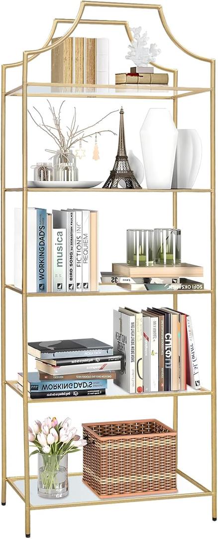 5 Tier Bookshelf, Metal Book Shelf for Storage, Tall Storage Display Bookcase, Modern Open Book Case for Bedroom, Living Room, Glass Office Organization Shelf, 66.3" X 26" X 13" 5 Tier Bookshelf, Metal Book Shelf for Storage, Tall Storage Display Bookcase, Modern Open Book Case for Bedroom, Living Room, Glass Office Organization Shelf, 66.3" X 26" X 13"