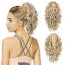 Flufymooz Ponytail Extension, 12" Short Claw Ponytail Extension Wavy Curly Jaw Clip in Pony tails Hair Extension Natural Synthetic Hairpiece for Women (Ash Blonde with Highlight)