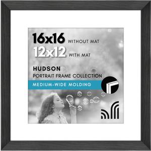 Americanflat 16x16 Picture Frame with Polished Plexiglass - Use as 12x12 Frame with Mat or Display 16x16 Photo Without Mat - Hudson Collection - Wide Square Frames for Wall Display - Black