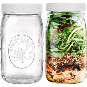 Wide Mouth Mason Jars 32 oz 2 Pack Quart Size Jars with Airtight Lids and Bands & White Plastic Lid, Ideal for Meal Prep, Canning, Fermenting and DIY Projects, Microwave & Dishwasher Safe.