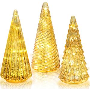 YiYa 3Pcs Gold Glass Christmas Tree Home Decor Tabletop Christmas Tree Decor Mercury Glass Xmas Trees Decorations for Fireplace Mantel Holiday Decor Indoor