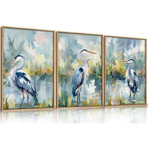 HLNIUC Great Blue Heron Wall Art Set of 3, Watercolor Coastal Bird Wall Decor(24x36), Wildlife Animal Illustrations Canvas Painting, Modern Boho Nature Avian Art Prints for Living Room,Bedroom, Office