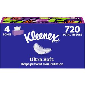 Kleenex Ultra Soft Facial Tissues, 4 Flat Boxes, 180 Tissues per Box, 3-Ply, Packaging May Vary
