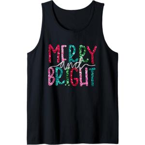 Merry and Bright Bling Christmas Women Girls Cute Tank Top, S