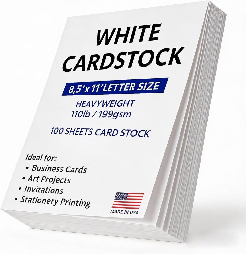 Veritas White Cardstock 8.5 x 11, 110LB/199GSM Heavyweight Card Stock, 100 Sheets, Thick Cardstock Printer Paper for Copy, Printing, Art Projects, Invitations, Made In USA