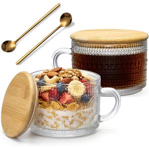 2 x DOPUDO Vintage Glass Coffee Mugs, Overnight Oats Containers With Lids,Glass Cup With Sealed Lid and Spoon,Glass Coffee Mugs, Coffee Bar Accessories, Ideal for Cappuccino, Latte(2-Pack,14oz)