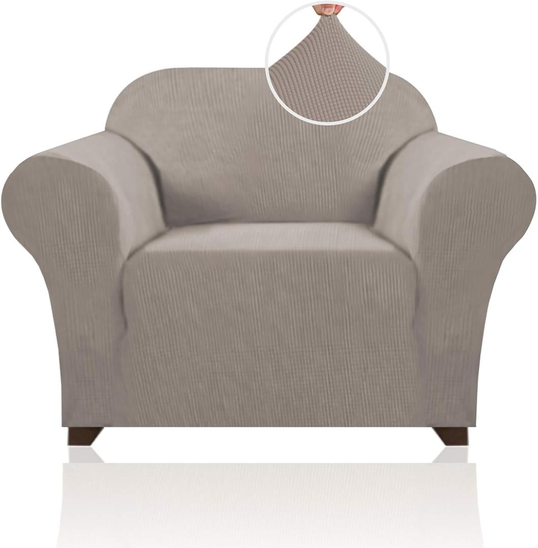 PrinceDeco Stretch Chair Cover Chair Slipcovers with Arms 1-Piece Chair Sofa Slipcovers or Living Room Non Slip Armchair Cover Furniture Protector Dogs Pet Friendly(Armchair,Taupe)